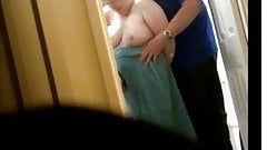 Big old mature tits grappled in the shower
