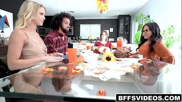 Best buddies Evelyn Payne, Alex Kane, and Summer Col with hot stud James Angel celebrate Friendsgiving by playing a naughty game until they get horny.